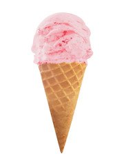 strawberry ice cream in the cone isolated on white
