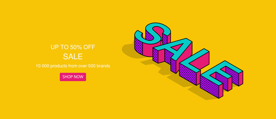 Pop art word sale in isometric 3d style. Vector cartoon comic illustration for posters, social media banners, email and newsletter designs promotional material in pop-art style.