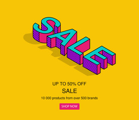 Pop art word sale in isometric 3d style. Vector cartoon comic illustration for posters, social media banners, email and newsletter designs promotional material in pop-art style.