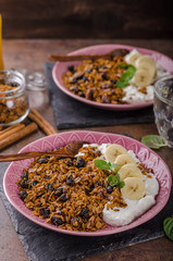 Granola baked in oven with nuts