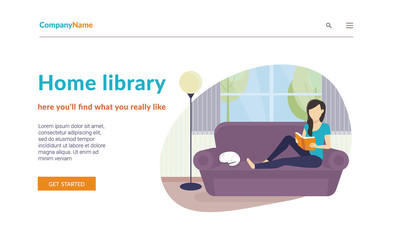 Woman sitting at home on the sofa and reading a book. Flat concept vector website template and landing page design of home library or distance learning sevices and educational startup