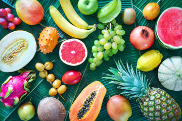 Assortment of tropical fruits on leaves of palm trees