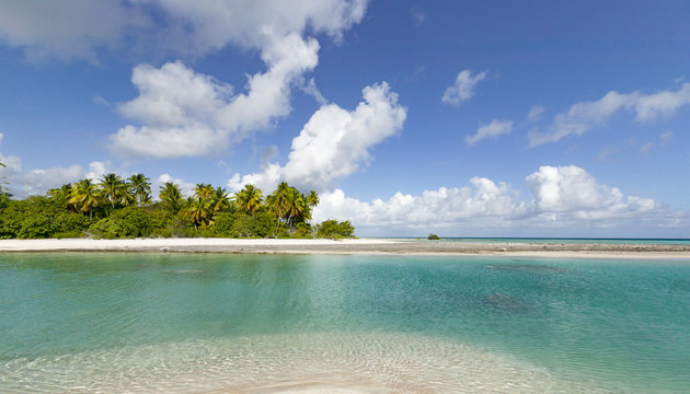 reef ring, lagoon and motu with palm trees on Makemo Atoll, Tuamotus archipelago, French Polynesia, France,