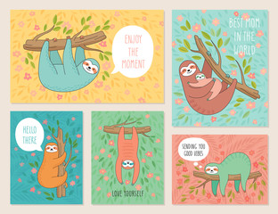Set of cards with cute hand drawn sloths hanging on the tree. Lazy animal characters.