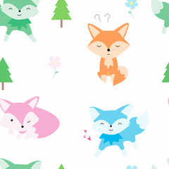 Cute little fox and tree seamless pattern. Fox cartoon style for fabric textile, wallpapers, web page backgrounds.