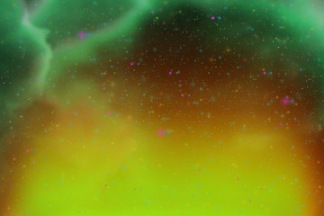 Abstract dynamic fantasy teal, sea-green space and stars colorful background with sparks and clouds