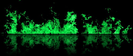 Real line of fire flames with reflection isolated on black background. Mockup on black of wall of...