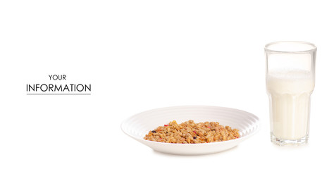 Granola with fruit flakes in plate glass of milk pattern on a white background isolation