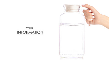 A glass of water a decanter jug with water in hand pattern on a white background isolation