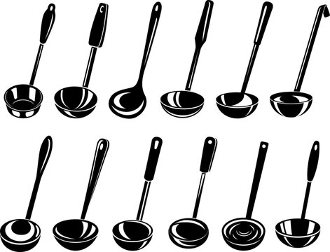 Kitchen ladle soup cook icon set, simple style