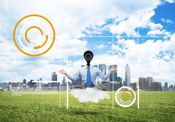 Camera headed man sitting in lotus pose on cloud against modern cityscape