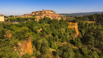 View of Roussillon with ocher cliffs. Vaucluse, Provence, France