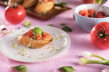 Traditional italian bruschetta on bright background