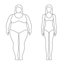 Contoured illustration of a woman before and after weight loss. Female body. Successful diet and sport concept. Slim and fat girls.