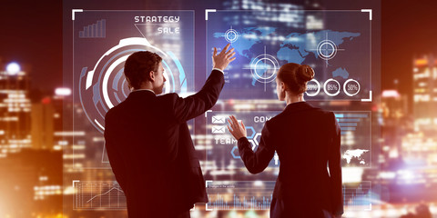 Concept of partnership and cooperation with people using virtual interface