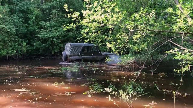 Off-road car driving in swamp