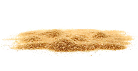 Brown cane sugar pile isolated on white background, sugarcane texture