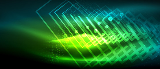 Obraz premium Neon glowing wave, magic energy and light motion background. Wallpaper template, hi-tech future concept
