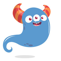 Happy cartoon monster or ghost. Vector  Halloween illustration of blue ghost