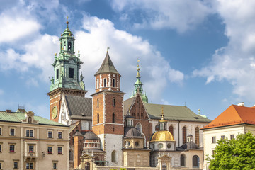Cathedral of St. Stanislaw and St. Vaclav and royal castle on the Wawel Hill at sunset, Krakow, Poland.