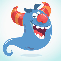 Happy cartoon monster or ghost. Vector  Halloween illustration of blue ghost