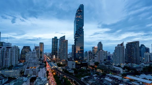 Day to Night timelapse of Bangkok building city skyline 