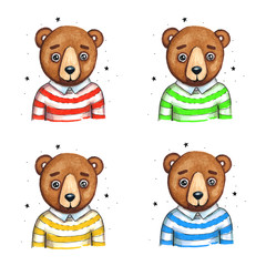 Hand drawn aquarelle colorful illustration. Watercolor artwork. Cute authentic plush teddy bear in four colors stripe pullover. Children retro soft toy.