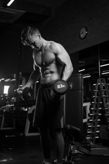the sportsman is engaged in an exercise room, pumps muscles, a biceps and a press