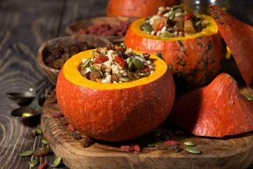 sweet rice with dried fruit in a pumpkin