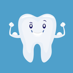 Cute cartoon strong tooth . Vector illustration isolated on whit