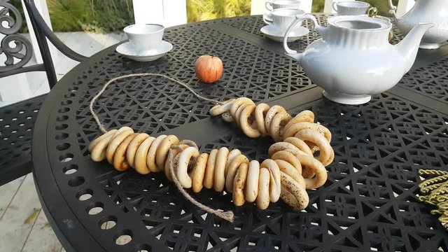 Bread Poppy Seed Bagels On metall Desk, Russian Sushki.