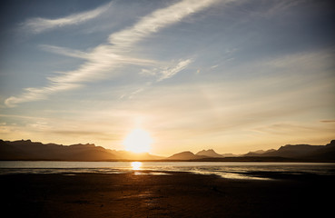 Sunset in Iceland. The silhouettes of the mountains.