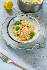 Prawn, fennel and rocket risotto - high angle view