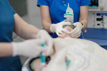 An anesthesiologists team enters the patient in general anesthesia before surgery