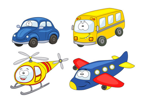 Cartoon transport set. Car, helicopter, airplane, bus. Vector il