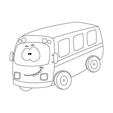 Colorless  funny cartoon bus. Vector illustration. Coloring page