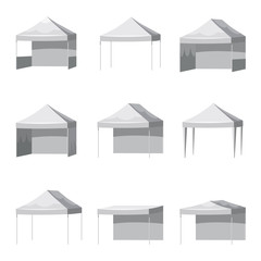 Set Canopy shed overhang awning mockup set. Cartoon style illustration of 9 canopy shed overhang awning mockups promotional outdoor event trade show pop-up tent mobile marquee, isolated © hadeev