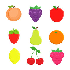 Set of 9  cartoon fruit. Lemon, orange, apple,  pear, strawberry