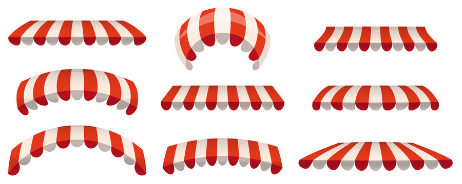 A set of striped red white awnings, canopies for the store. Awning for the cafes and street restaurants. Vector illustration isolated on white background. Isolated