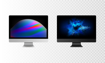 Stock vector illustration realistic set personal professional desktop computer, PC. Modern flat screen monitor. Computer display isolated on a transparent background. Wallpapers on the screen EPS10