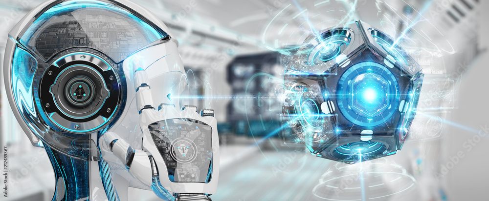 Aufkleber white woman humanoid using drone security camera 3d rendering