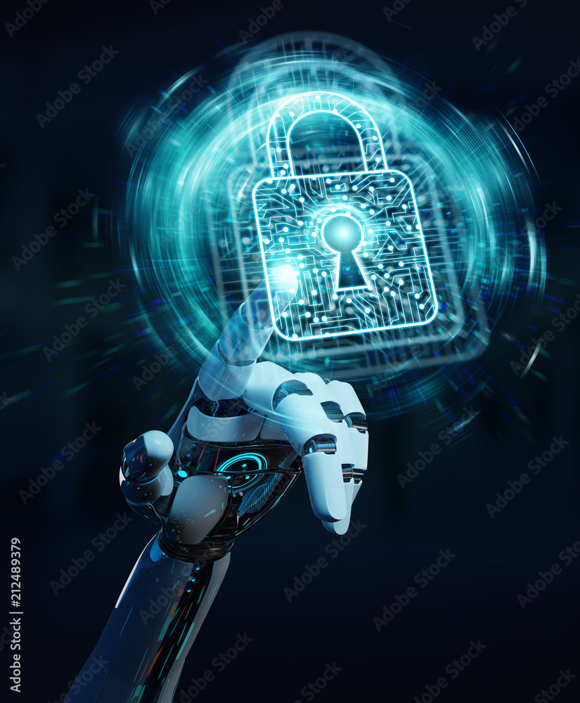 Leinwandbilder white robot hand securing digital datas 3d rendering