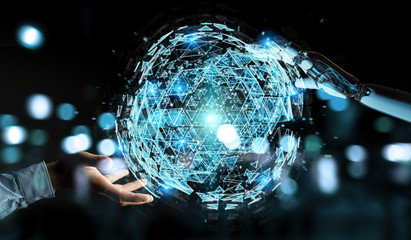 White robot hand using digital triangle exploding sphere hologram 3D rendering