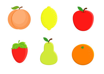 Set of  cartoon fruit. Lemon, orange, apple pear, strawberry, pe