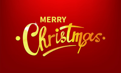 Stock vector illustration Merry Christmas shiny, sparkly typeface gold leaf. Red background. Greeting card, poster, brochure or flyer template EPS10