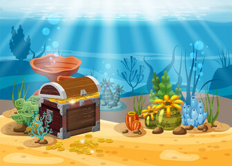 Obraz na płótnie Canvas Underwater landscape. The ocean and the undersea world with different inhabitants, corals and pirate chest . Web and mobiles game design. Cartoon style, isolated
