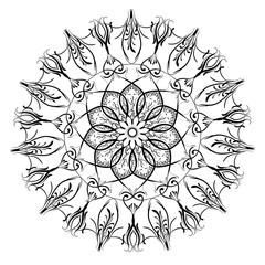 Abstract black and white illustration round beautiful tracery frame. Delicate geometric mono line...