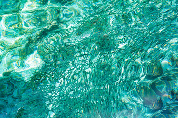 Abstract Aerial View of Transparent Blue Ocean Water Reflection Ripple with Many Fish, Kanawa Island, Komodo National Park, Labuan Bajo, Indonesia