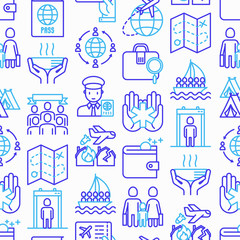 Immigration seamless pattern with thin line icons: immigrants, illegals, baggage examination, passport, international flights, customs, inspection, refugee camp. Modern vector illustration.