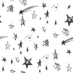 Vector seamless pattern with hand drawn stars isolated on white. Abstract texture with scribbles in sketch style. Doodle background